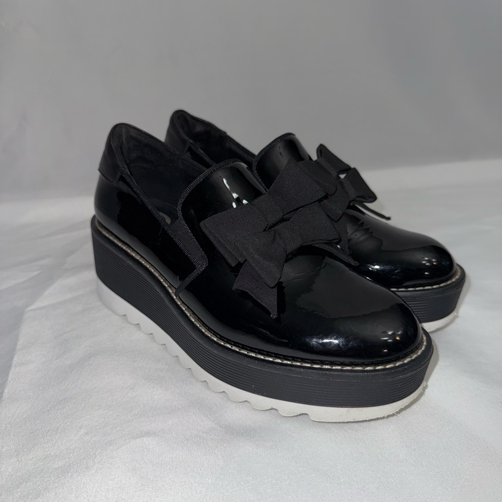 The Wishbone Collection- Black Patent Platform Loafers with Bow Detail